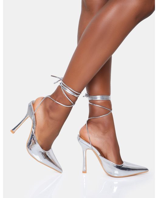 Public Desire White Verity Wide Fit Silver Pu Slingback Lace Up Pointed Court Stiletto Heels