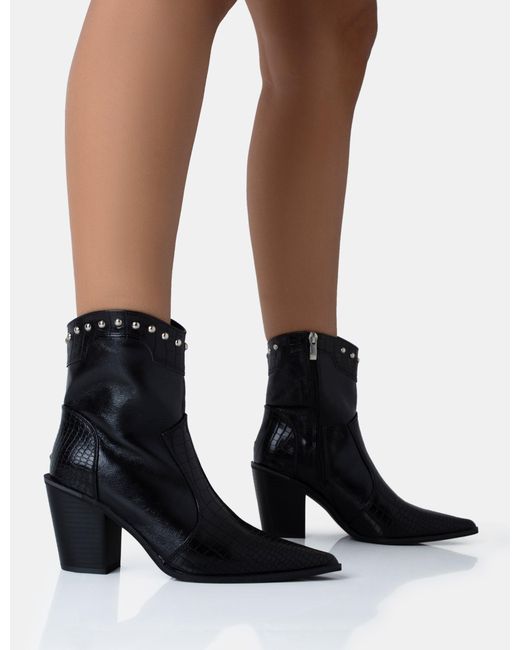 Public Desire Riley Black Croc Metal Studded Detail Western Cowboy Block Ankle Boots