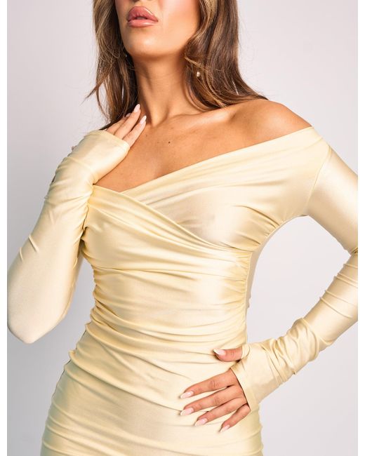 Public Desire Natural Off Shoulder Ruched Long Sleeve Mini Dress Lemon