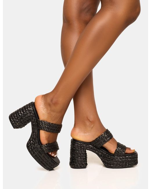 Public Desire Brown Cassidy Black Double Strap Jute Platform Block Heel