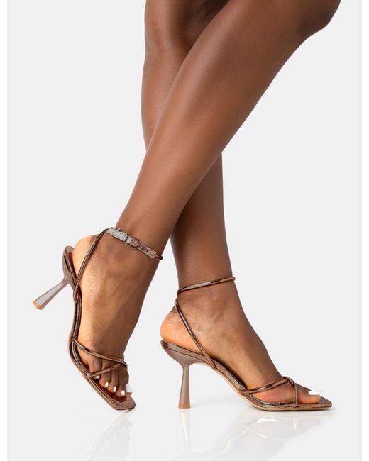 Public Desire Brown Bree Bronze Pu Barely There Square Toe Mid Stiletto Heels