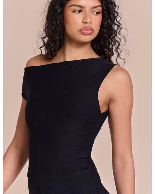 Public Desire Asymmetric One Shoulder Luxe Slinky Top Black