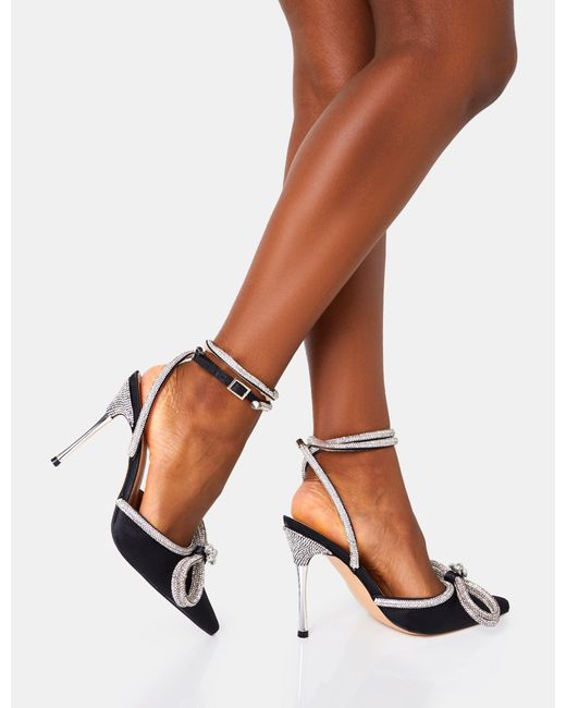 Public Desire Multicolor Midnight Black Glitter Wrap Around Diamante Bow Pointed Toe High Heel