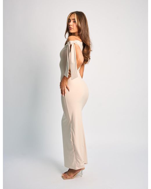 Public Desire Natural Knot Detail Asymmetric One Shoulder Luxe Slinky Maxi Dress Stone