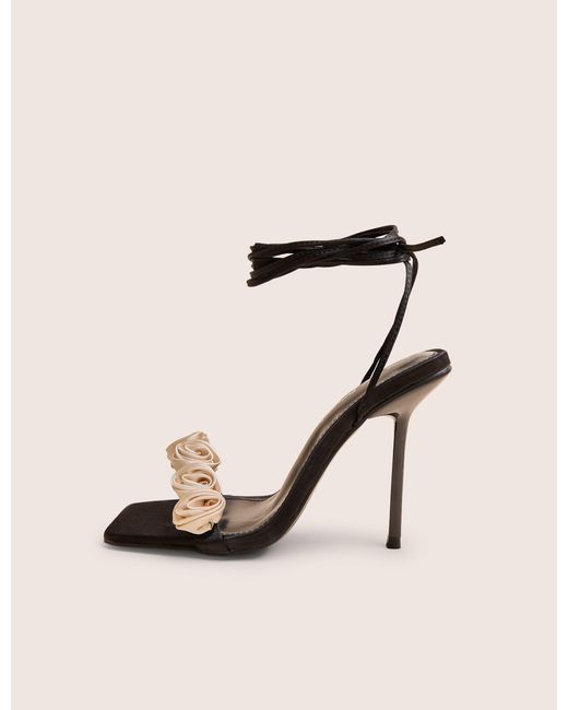 Public Desire Natural Marigold Black Satin Cream Rose Detail Lace Up Heels