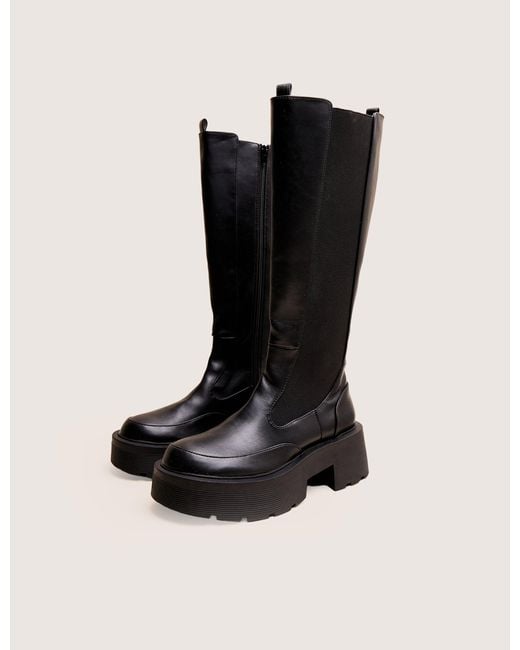 Public Desire Evergreen Black Knee High Elasticated Detail Chunky Heeled Sole Boots