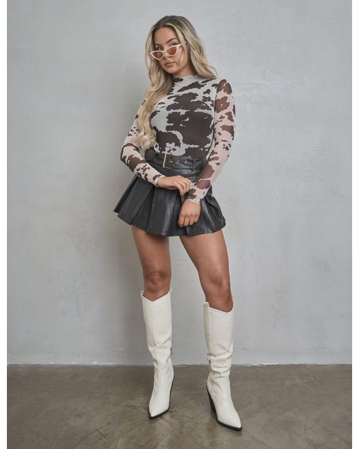 Public Desire Gray Long Sleeve High Neck Bodysuit Cow Print