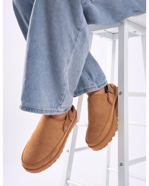 Public Desire Blue Goldie Chesnut Faux Fur Lined Mules