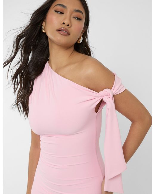 Public Desire Knot Detail Asymmetric One Shoulder Luxe Slinky Maxi Dress Soft Pink