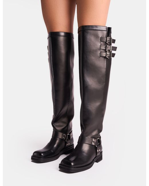 Public Desire Sagittarius Vintage Black Buckle Detail Over The Knee Boots