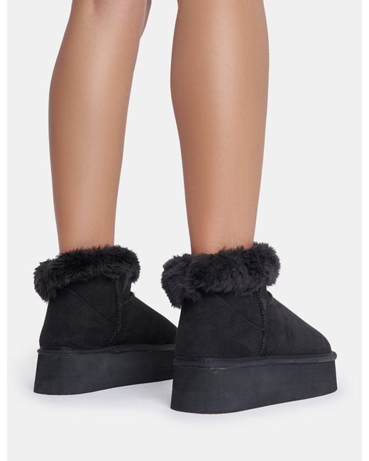 Public Desire Snowdrop Black Fur Faux Suede Ultra Mini Ankle Platform Boots