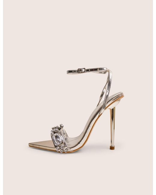 Public Desire Natural Icicle Silver Extreme Jeweled Ankle Strap Pointed Toe Stiletto Heels