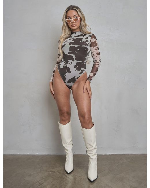 Public Desire Gray Long Sleeve High Neck Bodysuit Cow Print