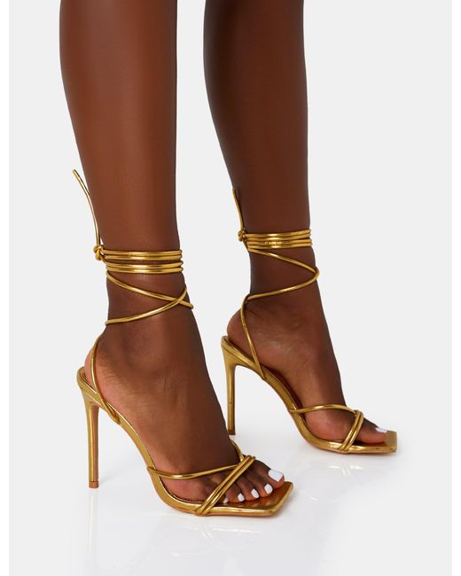Public Desire Brown Dax Gold Pu Barely There Lace Up Square Toe Stiletto Heels