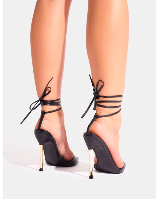 Public Desire Pink Ronnie Black Pointed Toe Lace Up Barely There Gold Stiletto Heels