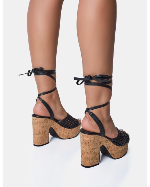 Public Desire Jos Black Wide Fit Netted Lace Up Cork Platform Sandals