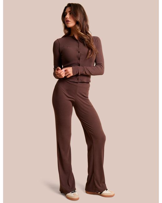 Public Desire Natural High Waist Rib Wide Leg Trouser Chocolate