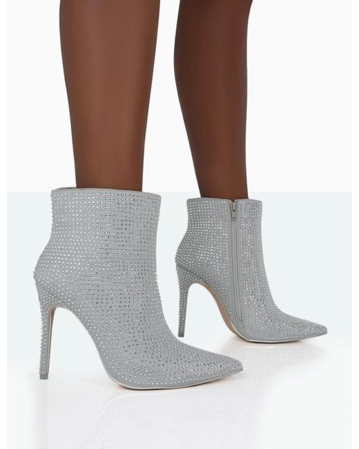 Public Desire White Verona Wide Fit Silver Sparkly Diamante Stiletto Ankle Boots