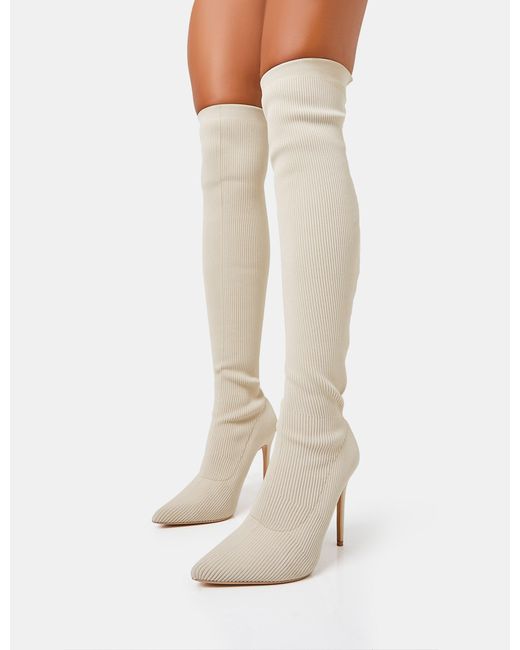 Public Desire Chateau Off White Knitted Sock Stiletto Over The Knee Pointed Boots