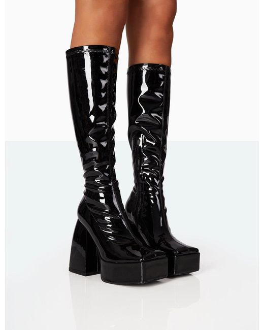 Public Desire Heartbeat Black Patent Pu Chunky Square Toe Platform Block Knee High Boots