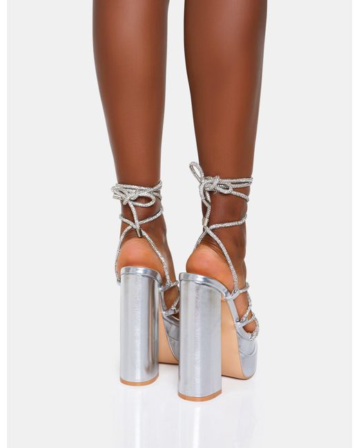 Public Desire Brown Glow Girl Silver Diamante Lace Up Platform High Heels