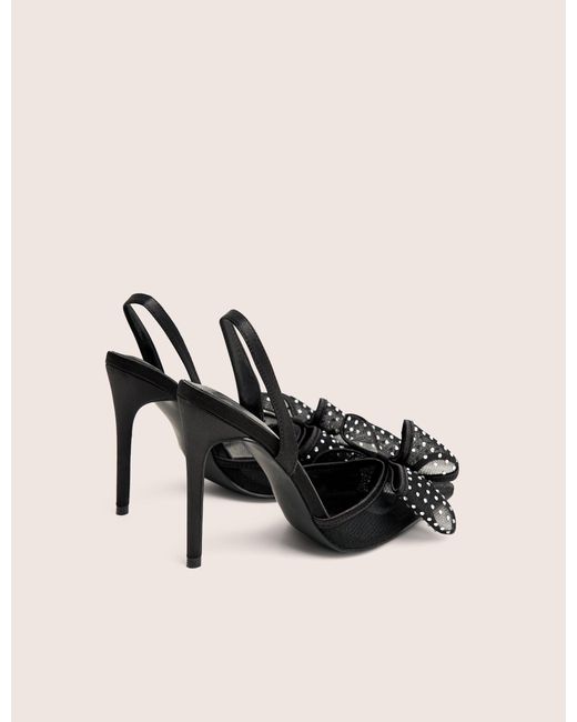 Public Desire Natural Trisha Black Mesh Bow Diamante Detail Sling Back Court Heels