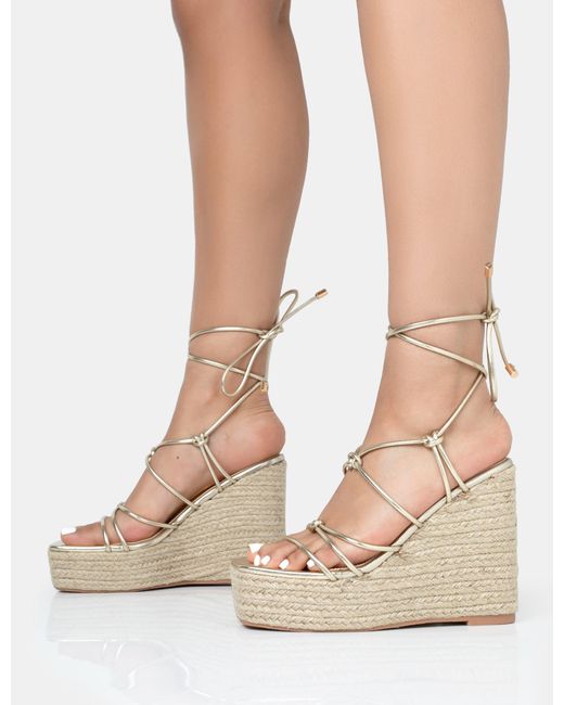 Public Desire Natural Islander Gold Lace Up Square Toe High Heeled Sandal Esparille Wedges