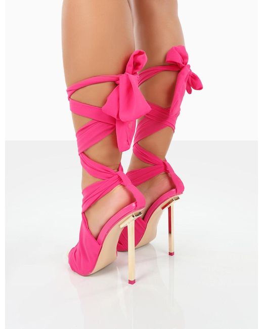Public Desire Huni Pink Chiffon Ribbon Tie Up Gold Stiletto Heels | Lyst UK