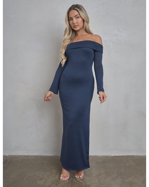 Public Desire Blue Long Sleeve Off The Shoulder Bardot Maxi Dress Navy