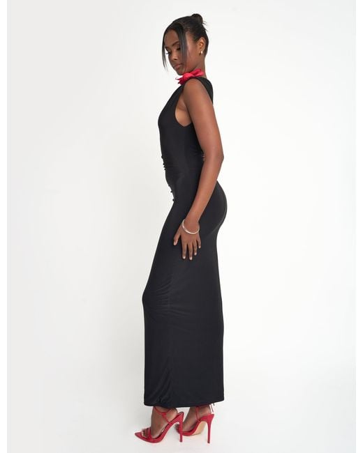 Public Desire Blue Flower Trim Dropped Shoulder Luxe Slinky Maxi Dress Black