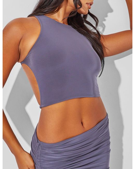 Public Desire Purple Slinky Open Back Tie Detail Crop Top Charcoal Grey