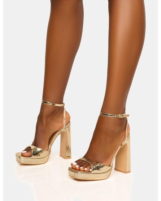 Public Desire Brown Resist Gold Peep Toe Barely There Platform Heels