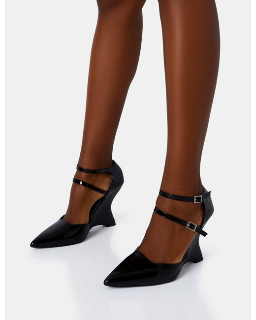 Public Desire Brown Aspiration Black Patent Strappy Pointed Toe Platform Cut Out Wedge Heels