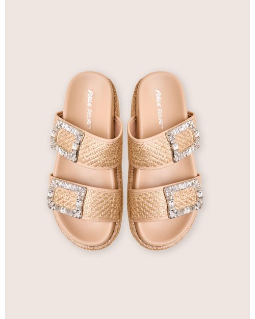 Public Desire White Bettie Natural Rattan Diamante Buckle Detail Flatform Slider Sandals