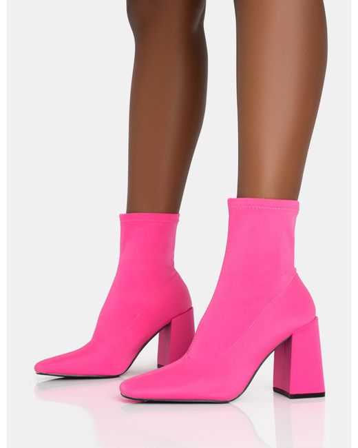 Public Desire Delani Hot Pink Neoprene Zip Up Rounded Pointed Block Heel Ankle Boots