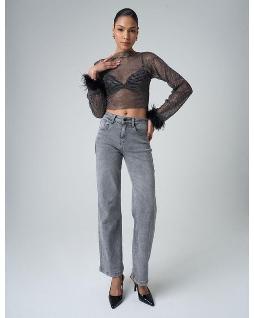 Public Desire Gray Feather Cuff Detail Diamante Mesh Cropped Top Black