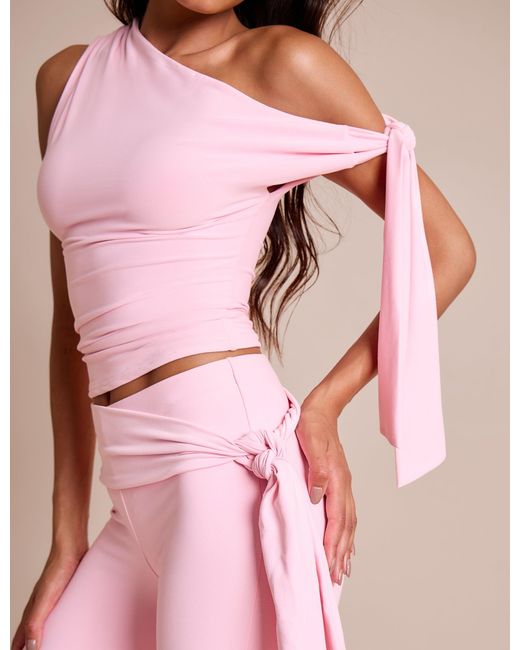 Public Desire Knot Detail Asymmetric One Shoulder Luxe Slinky Top Soft Pink