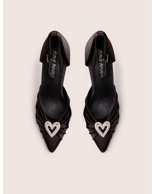 Public Desire Multicolor Meant To Be Black Satin Diamante Heart Court Stiletto Heel