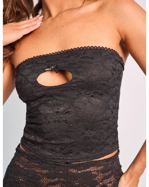 Public Desire Keyhole Bow Detail Lace Crop Top Black