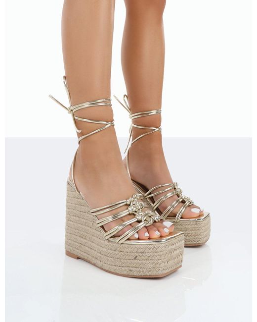 Public Desire Synthetic Chakkra Gold Pu High Heeled Sandal Wedges in Metallic - Lyst