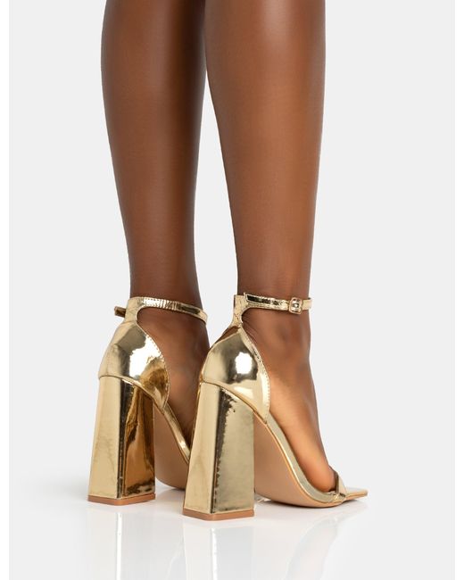 Public Desire Brown Geri Gold Pu Barely There Square Toe Block Heels