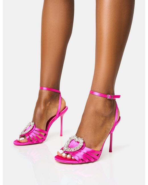 Public Desire Loved Up Pink Heart Embellished Strappy Round Toe Stiletto Heels
