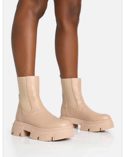 Public Desire Natural Edgy Taupe Pu Elasticated Ankle Rounded Chunky Sole Ankle Boots