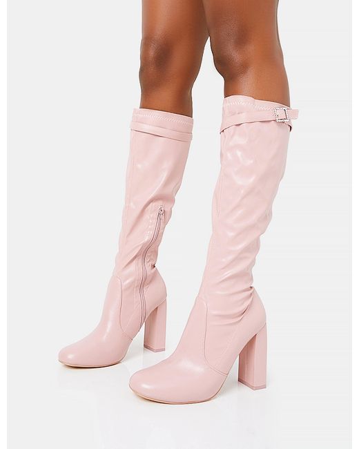 Public Desire First Class Dusty Pink Pu Diamante Buckle Strap Detail Rounded Toe Knee High Block Heeled Boots
