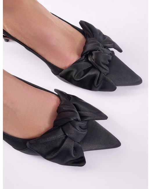 Public Desire Iris Black Bow Detail Satin Black Sling Back Kitten Heel Court Shoes