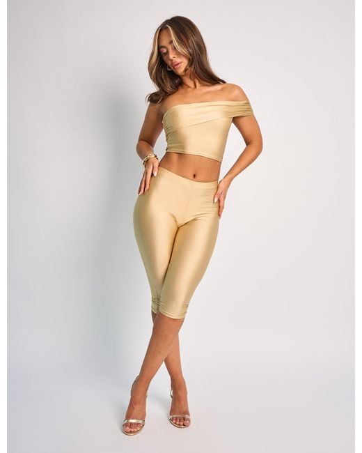 Public Desire Natural One Shoulder Fold Over Crop Top Co Ord Gold