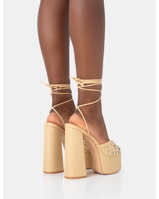 Public Desire Brown Crete Raffia Diamante Twist Strap Lace Up Platform Block Heels