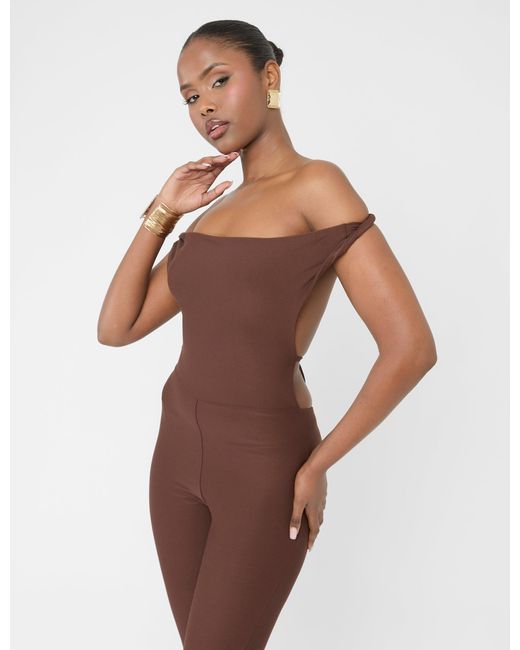 Public Desire Natural Twist Back Detail Off The Shoulder Luxe Slinky Jumpsuit Brown