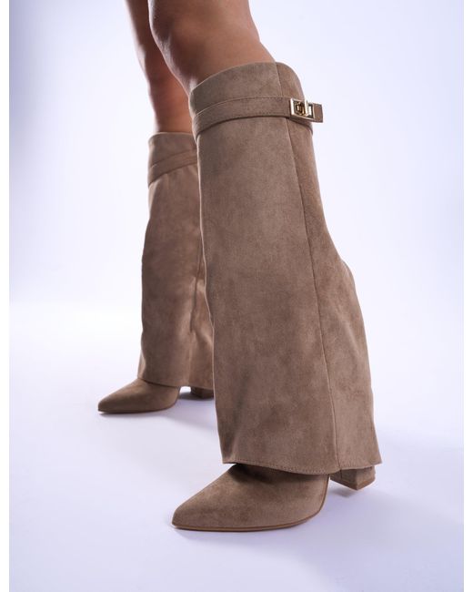 Public Desire Brown Say Yes Beige Faux Suede Padlock Fold Over Knee High Boots