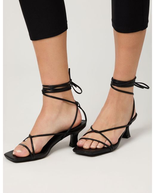 Public Desire Multicolor Shibuya Black Snake Texture Pu Square Toe Lace Up Low Heels